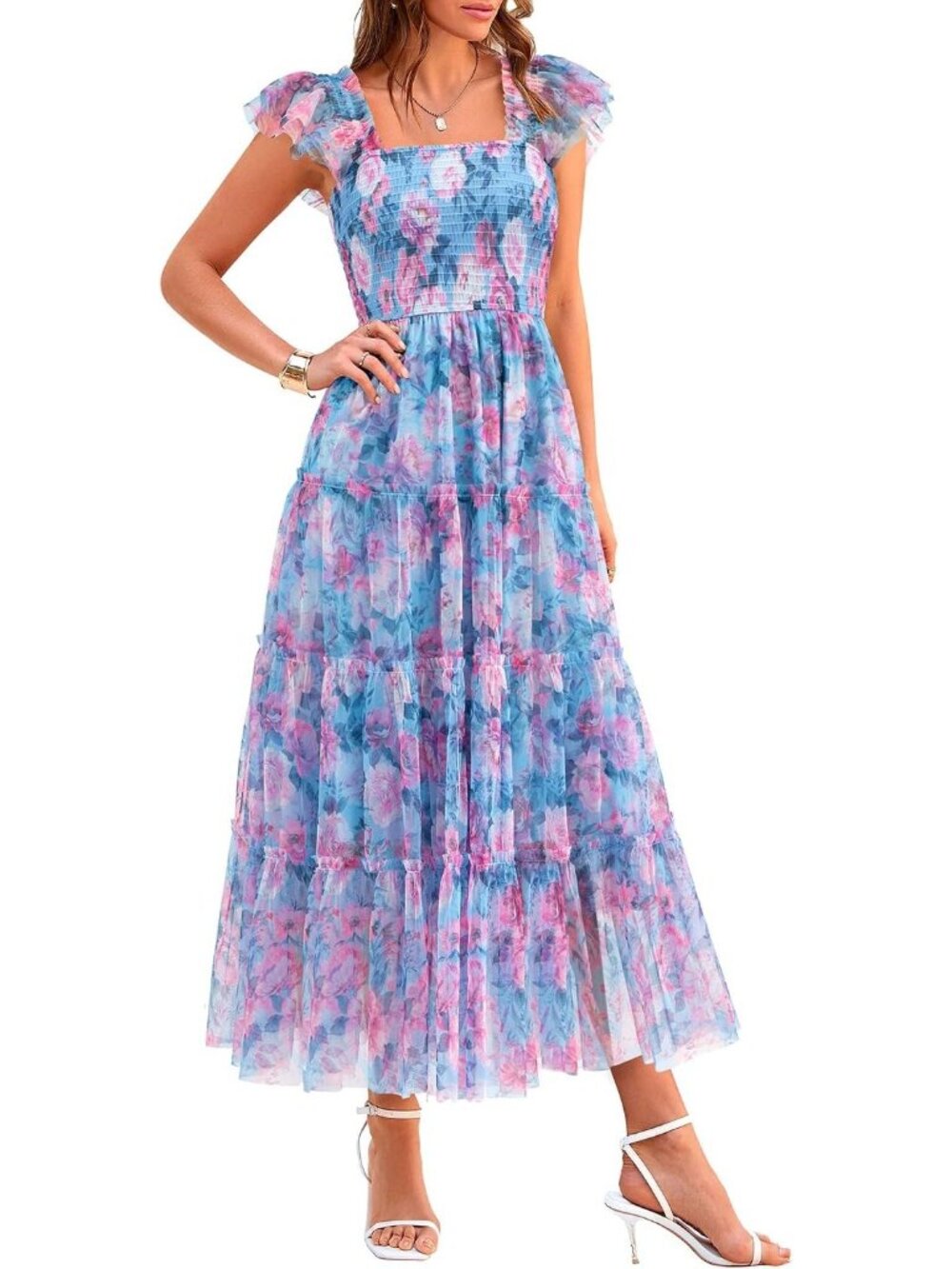 Women's Floral Blue Pink Summer Smocked Tulle Sleeveless Square Neck ALine Midi